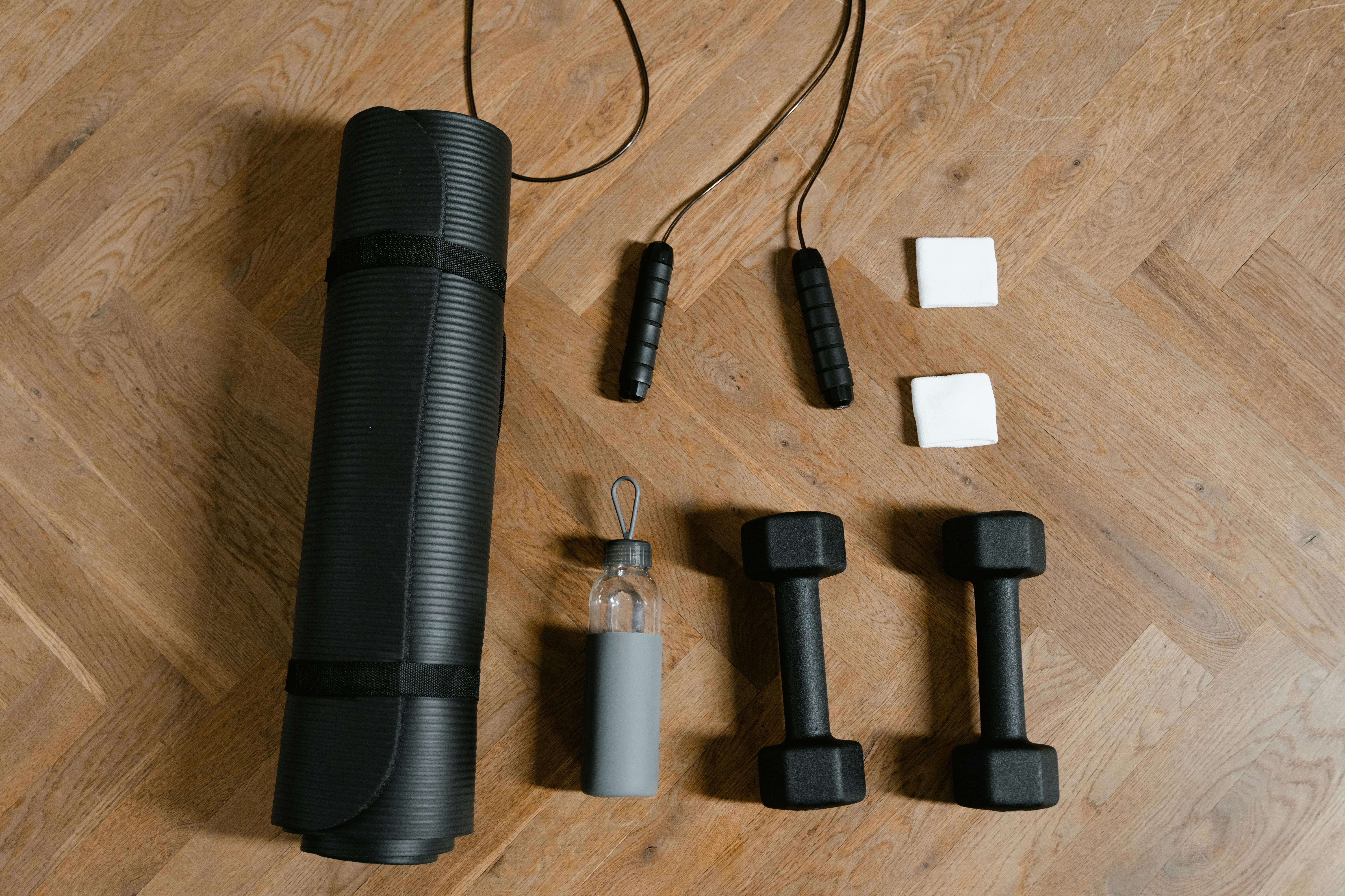Jump rope, Fitness mat, and dumbbells